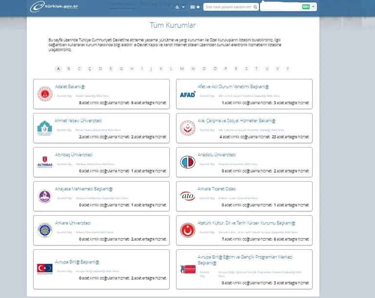 e-devlet kurumlar listesi