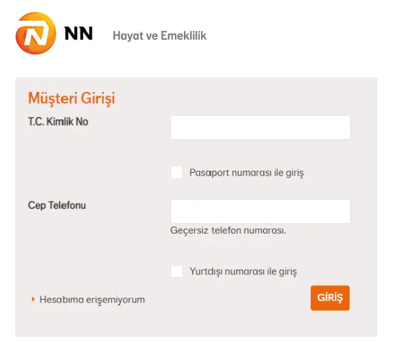 NN Hayat Emeklilik Online Sistem Giriş Ekranı