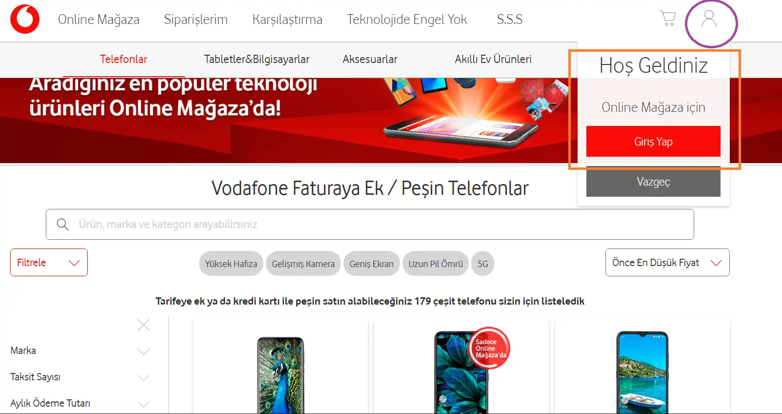 vodafone tarifeye ek telefon
